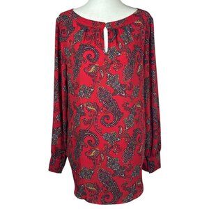 Loft Womens Blouse Size M Red Paisley Boatneck Long Sleeve Boho Artsy Maximalism